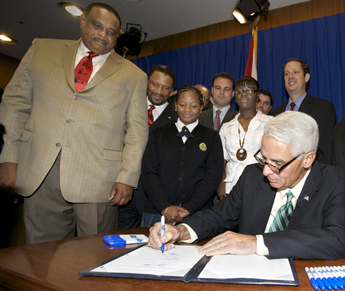 In his term as governor, Crist not only signed a major expansion of tax credit scholarships in 2010 but was a persistent voice for the students – poor and mostly of color – who take advantage of it. This photo shows him at the bill signing. That's former Democratic state Sen. Al Lawson on the left.
