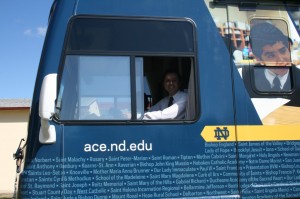 Alberto Vazquez-Matos, superintendent of schools for the Diocese, takes a turn in the driver's seat of the ACE bus - a souped-up RV traveling cross-country to raise awareness about Catholic schools.
